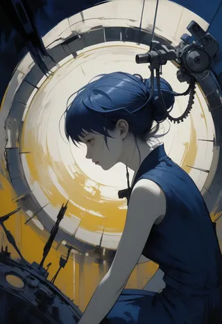 Profile of a woman with navy blue hair and dress seated before a mechanical circular structure featuring mustard and white coloration, capturing a surreal and contrasting light and dark atmosphere.