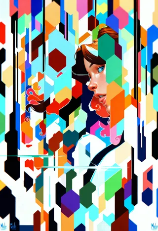 A vibrant digital portrait of a girl with medium wavy hair in profile view, partially obscured by colorful geometric hexagons and rectangles in a 3D realistic style.