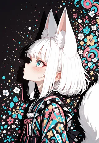 Side profile of a white-haired anime girl with fox ears and tail wearing a floral colorful kimono, set against a dark background with vibrant floral patterns.