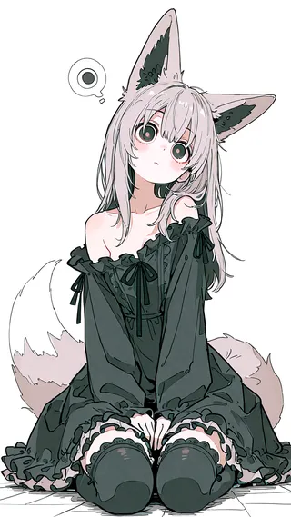 A fox girl with grey hair, big green eyes, fox ears, and a fluffy tail sits in seiza pose wearing a dark off shoulder dress and frilly thighhigh socks on a white background.