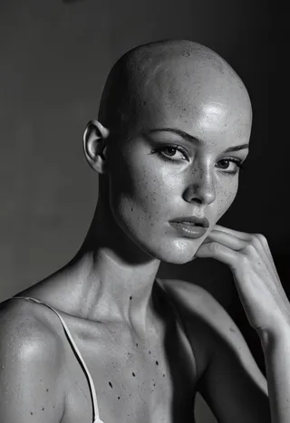 Black and white close-up portrait of a bald fashion model with freckles, high contrast lighting, and a contemplative expression, styled as a fashion editorial backstage shot.