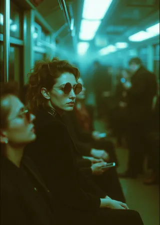 A young woman with curly hair wearing round cat eye sunglasses sits calmly on a subway train surrounded by blurred passengers, capturing stillness amid motion and chaos with moody ambient lighting.