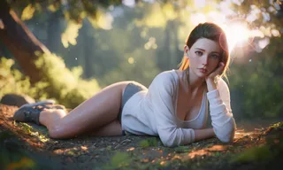 A realistic image of a worried young woman lying on the forest floor with crossed thighs and hands on knees, surrounded by mixed evergreen and deciduous trees, with visible lens flare and soft depth of field.