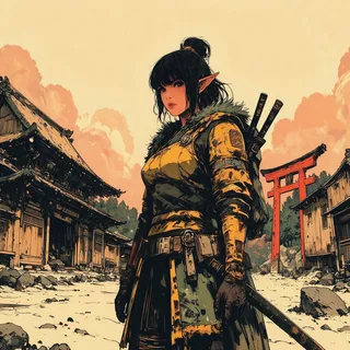 A detailed ink-style illustration of a female elf samurai wearing traditional Japanese armor and holding a katana, standing in front of a Shinto shrine with wooden buildings and a red torii gate.