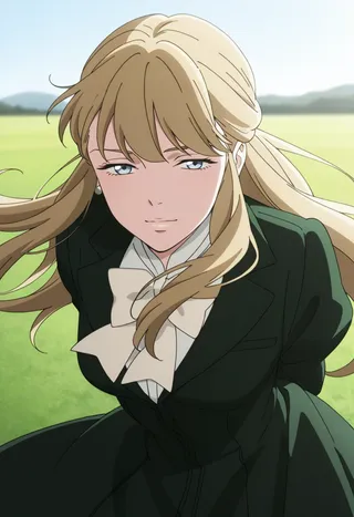 Anime-style illustration of a blonde girl with long hair and light blue eyes wearing a dark green dress with a large white bow, standing outdoors in a field.