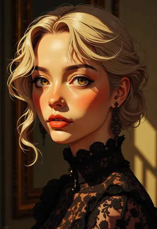 Hyper-realistic portrait of a young woman with blonde hair and delicate facial features, wearing intricate black lace clothing with a high collar, softly lit with warm sunlight.