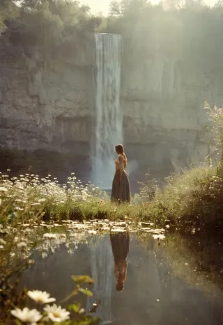 Ethereal landscape featuring a large waterfall cascading into a pond reflecting a woman standing among daisies under soft morning light and fog.