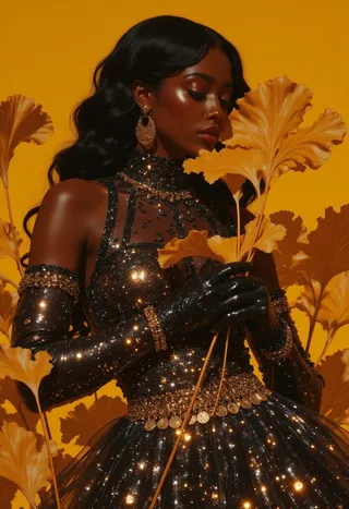 Portrait of a dark-skinned woman in a glittering black dress adorned with gold sequins, holding large yellow Ginkgo biloba leaves against a bright yellow background.