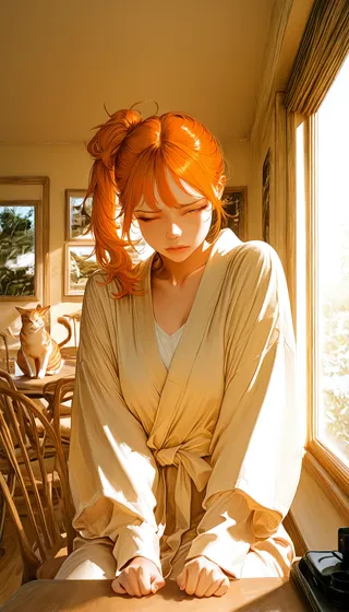 A realistic depiction of a ginger girl with a side ponytail wearing a beige bathrobe sitting at a wooden table in a sunlit kitchen, with a cat on a chair in the background.