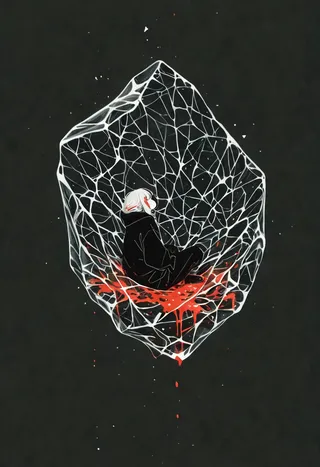 A girl with white hair sitting contemplatively inside a shattered glass structure with red liquid pooling beneath her, set against an inverted dark background in flat design style.