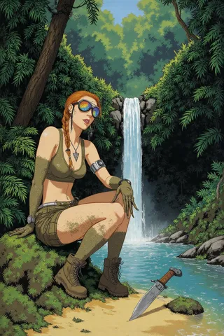 Strong female adventurer resting on a mossy rock by a clear waterfall in a lush tropical jungle, wearing tactical shorts, crop top, gloves, boots, and mirrored aviator sunglasses with a combat knife nearby