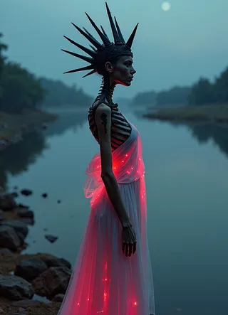 A skeletal figure stands by a quiet river at dusk, wearing a spiked obsidian crown and a glowing red dress under grey twilight sky.