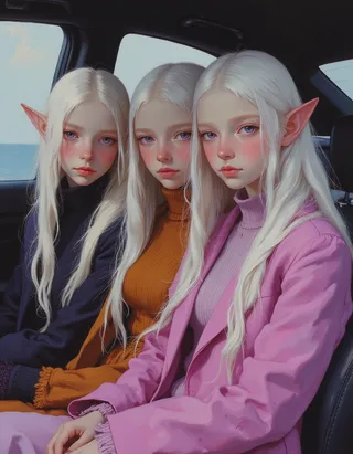 Three pale elf sisters with long white hair and pointed ears sitting in the backseat of a car, wearing colorful modern street clothes under soft Rembrandt lighting.
