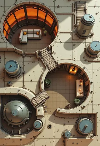 Bird's-eye view of a futuristic apartment complex with circular windows glowing orange, concrete walls, metal grills, minimalistic white sofa, and potted plants.