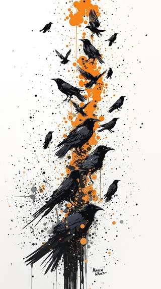Black and orange sketch of a flock of ravens with splattered radiant clusters and dynamic comic book style