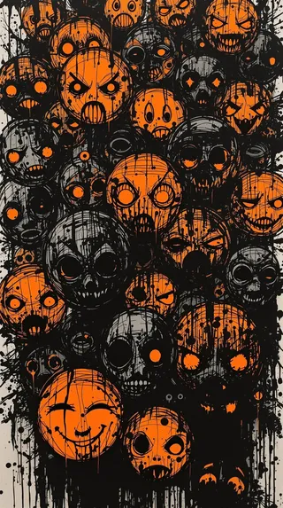 A noir sketch featuring a flock of dark, moody emoji faces in black and orange tones with rough sketch lines and a blurry effect.