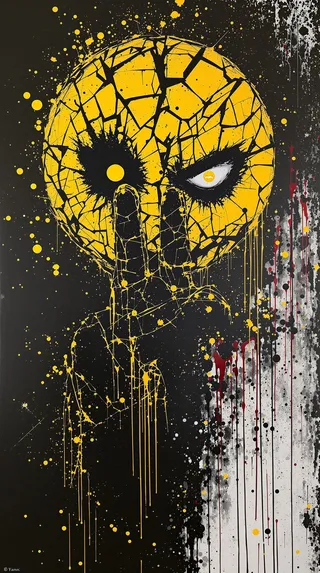 A contemporary mixed media artwork depicting a shattered yellow emoji face with villainous eyes and a hand showing an assassin gesture, featuring splatter and drip painting in black, yellow, red, and white.