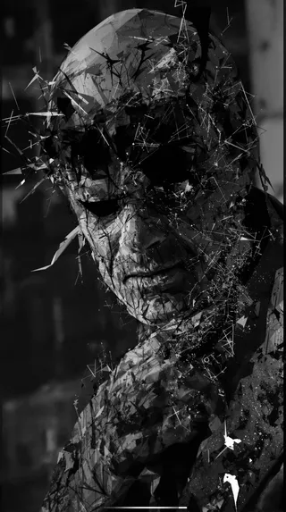 A corrupted, abstract grayscale digital portrait of Mr. Negative with fragmented, geometric elements and selective color saturation.