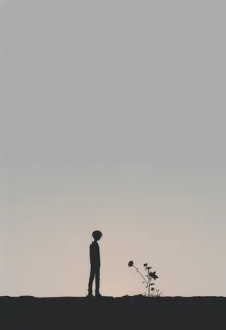 Minimalist silhouette of a young figure standing by a blooming desert flower at sunset, with bold black and white linework and soft warm gradient sky.
