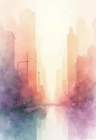 A luminous cityscape fading into watercolor abstraction with soft apricot, rose quartz, and faded lavender tones, featuring gentle mist and subtle emerald green highlights on architectural details.