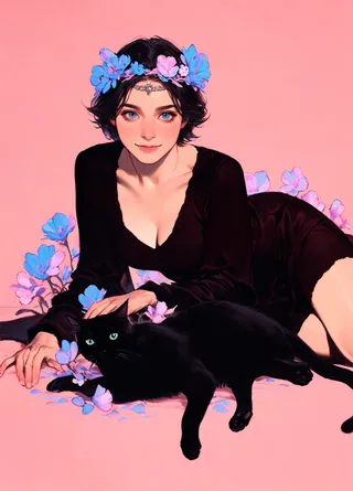 A woman with short dark hair wearing a black dress and blue flower wreath lies on a pink background, gently petting a black cat surrounded by pastel flowers.