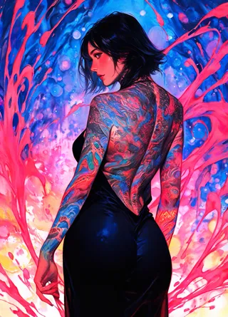 A tattooed woman with black hair wearing an open back black dress, showing colorful full-body tattoos, against a vibrant abstract liquid smoke background with bright pink and blue hues.