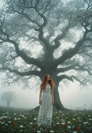 A woman with long hair and white dress stands in a foggy field of flowers beneath a large, sprawling Tree of Life under soft morning light.