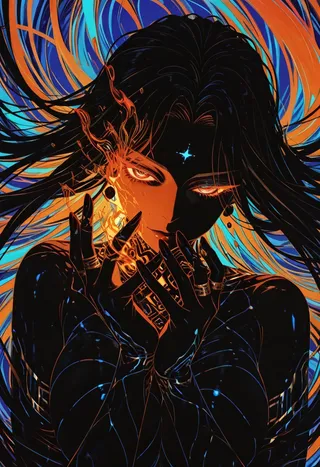 Digital art of a goddess of fate with long flowing hair in neon triadic colors, posed seductively with intricate glowing bands and fractal patterns on dark skin.