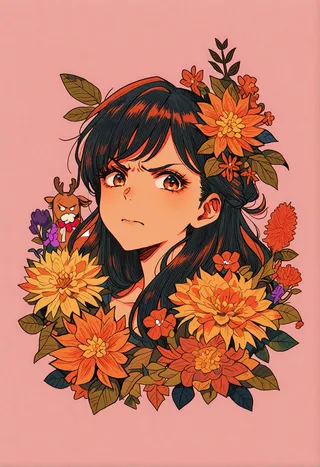 Illustration of an angry Asian woman dressed as Santa Claus, surrounded by autumn flowers and leaves, with a smiling reindeer in the background on a purple-orange gradient.