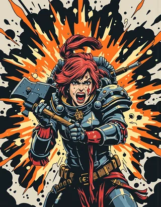 A red-haired warrior Sister in dented armor swings a power axe aggressively, with an intense expression and blood on her face, set against an explosive background of black and orange ink splatters.