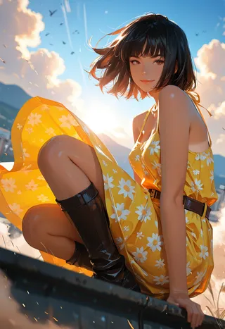 A dark-skinned girl with black shoulder-length hair wearing a yellow floral summer dress and black boots sits outdoors with sunlight behind her.