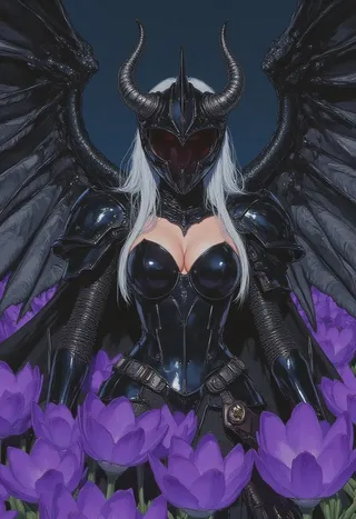 A dark fantasy female warrior with long silver hair, clad in revealing black armor and a horned helmet, standing amidst violet flowers with large black wings stretching behind her.