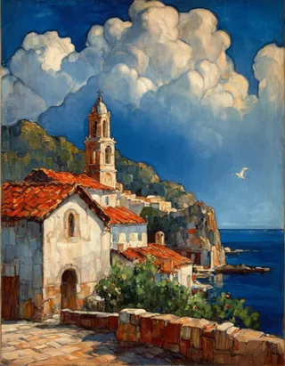 Impressionistic painting of a Mediterranean village featuring a church with a bell tower, red-tiled roofs, lush greenery, coastal cliffs, and a vibrant blue sky filled with clouds.