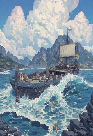 A detailed painting of numerous cats on a boat navigating turbulent ocean waves with mountains and towering clouds in the background, rendered in the style of Katsushika Hokusai’s ink wash painting.