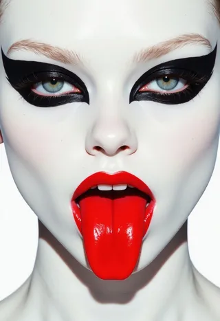 Close-up portrait of a person with pale white skin, dramatic bold black eyeliner around the eyes, and a bright red tongue extending from their mouth against a clean white background.