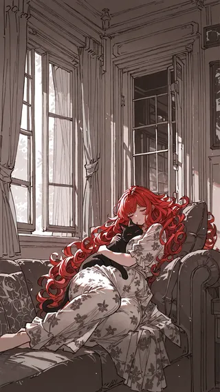 A red-haired girl with long curly hair wearing a floral dress cuddles a black cat while sitting on a couch near an open window with curtains in muted tones.