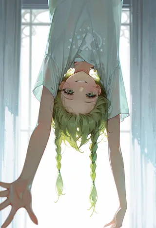 A girl with green eyes and braided long hair is depicted upside-down reaching out towards the viewer, wearing a white oversized t-shirt in soft morning light.