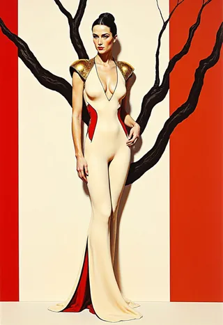 A woman wearing an ivory jumpsuit featuring metallic gold epaulets, red triangular inserts and high-contrast black piping, standing against a background of red and cream with black abstract lines.