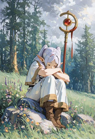 A female elf with long silver twintails, sitting on a rock in a flower-filled forest clearing, resting with a magic staff beside her under grey clouds.