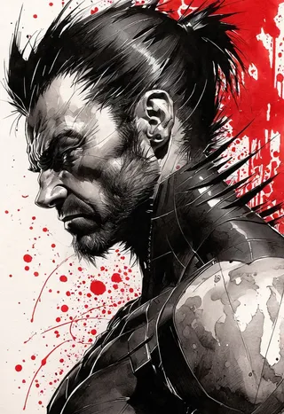 Side view portrait of Wolverine with detailed black ink sketching, red ink splatter background, cyberpunk elements, and tattoos on a black and white style artwork.