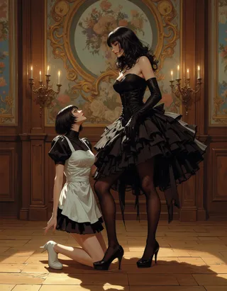 Two women in an ornately decorated vintage room with wooden floors and floral wall panels. One kneels in a French maid costume, the other stands in a black corset dress with layered tulle skirt.