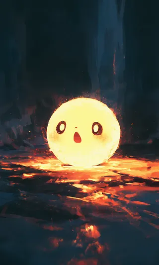 A glowing round ball with large anime-style eyes and an open mouth sits on a fiery, molten surface under dramatic lighting.