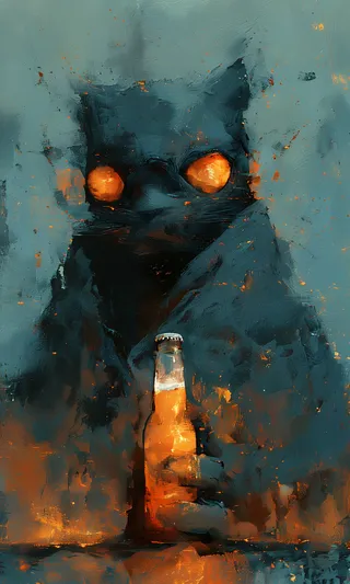 Dark mysterious cat with glowing orange eyes holding a beer bottle in a cinematic and detailed composition.