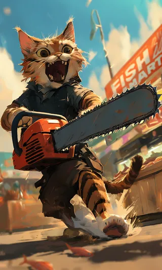 A fierce feral cat with wide eyes aggressively wielding a chainsaw, rampaging through a bustling fish market under a bright blue sky.