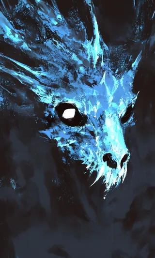 Digital painting of a glowing skeletal dragon head with icy blue hues, hollow eyes, and rough texture against a dark abstract background.