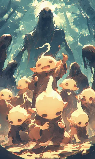 Group of cute kodama spirits posing in a magical forest with dark ominous figures in the background, depicted in a cinematic low angle style.
