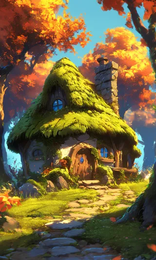 A vibrant digital painting of a moss-covered cottage with a thatched roof and wooden door, surrounded by lush greenery and bright orange autumn foliage under clear blue skies.