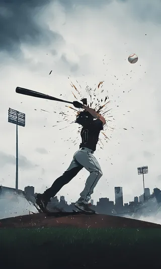A moody, cinematic silhouette of a baseball player striking a ball with a bat, showing an explosive impact effect amid a cloudy sky and stadium lights.