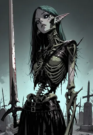 A dark fantasy deathknight night elf skeleton with green hair, black eyes with black sclera, exposed ribs, and skeletal limbs, holding a blood-stained sword, standing in a graveyard with crosses and tombstones in the background.