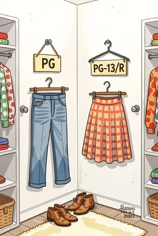Cartoon of a dressing room corner with a white wall. On the left side a 'PG' labeled hanger holds a pair of blue trousers, and on the right side a 'PG-13/R' labeled hanger holds a patterned skirt. Brown shoes are placed on the floor below.
